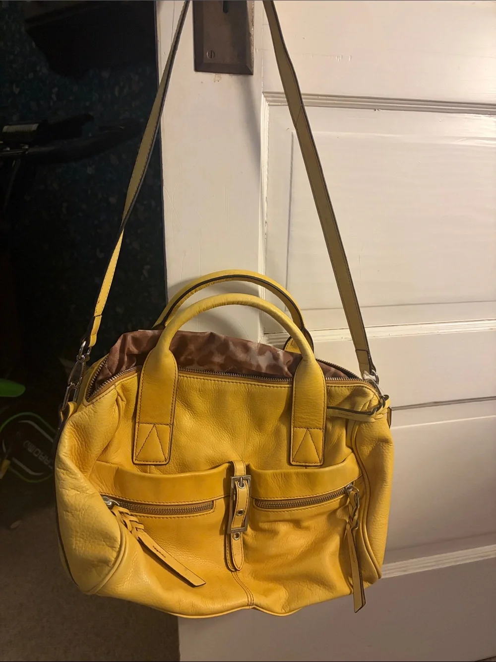 B Makowsky Yellow Leather Satchel Handbag with Shoulder Strap